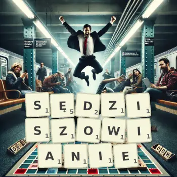 Kreatywna ilustracja do gry w Scrabble ze słowem SĘDZISZOWIANIE ułożonym z płytek na planszy.