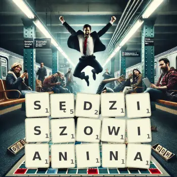 Kreatywna ilustracja do gry w Scrabble ze słowem SĘDZISZOWIANINA ułożonym z płytek na planszy.