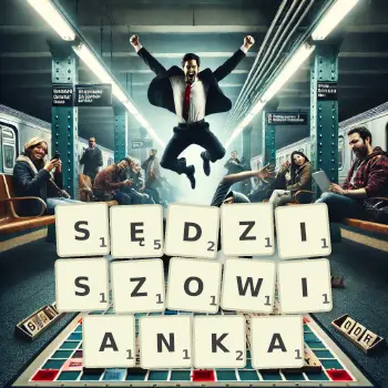 Kreatywna ilustracja do gry w Scrabble ze słowem SĘDZISZOWIANKA ułożonym z płytek na planszy.