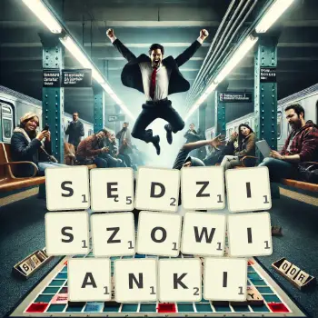 Kreatywna ilustracja do gry w Scrabble ze słowem SĘDZISZOWIANKI ułożonym z płytek na planszy.