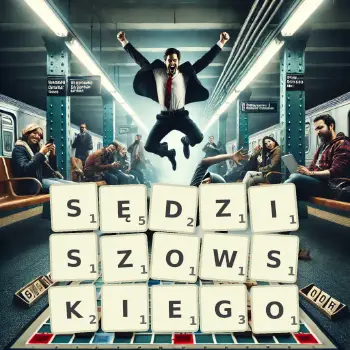 Kreatywna ilustracja do gry w Scrabble ze słowem SĘDZISZOWSKIEGO ułożonym z płytek na planszy.
