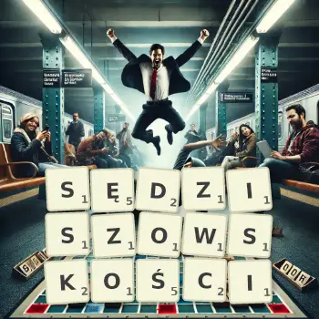Kreatywna ilustracja do gry w Scrabble ze słowem SĘDZISZOWSKOŚCI ułożonym z płytek na planszy.