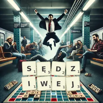 Kreatywna ilustracja do gry w Scrabble ze słowem SĘDZIWEJ ułożonym z płytek na planszy.