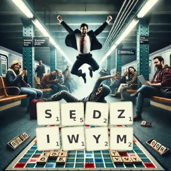 Kreatywna ilustracja do gry w Scrabble ze słowem SĘDZIWYM ułożonym z płytek na planszy.