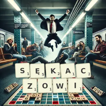 Kreatywna ilustracja do gry w Scrabble ze słowem SĘKACZOWI ułożonym z płytek na planszy.