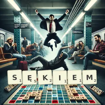 Kreatywna ilustracja do gry w Scrabble ze słowem SĘKIEM ułożonym z płytek na planszy.