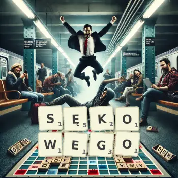 Kreatywna ilustracja do gry w Scrabble ze słowem SĘKOWEGO ułożonym z płytek na planszy.