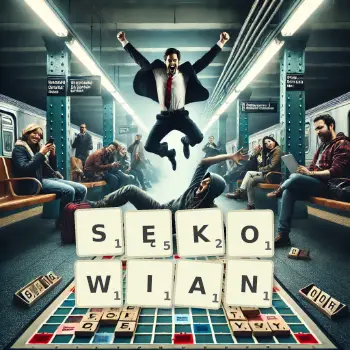 Kreatywna ilustracja do gry w Scrabble ze słowem SĘKOWIAN ułożonym z płytek na planszy.