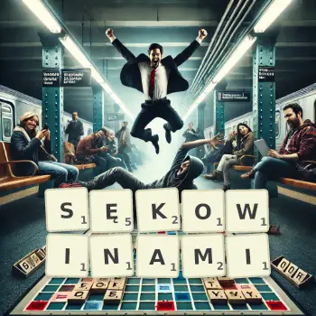 Kreatywna ilustracja do gry w Scrabble ze słowem SĘKOWINAMI ułożonym z płytek na planszy.