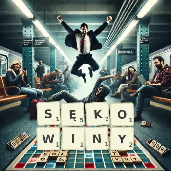 Kreatywna ilustracja do gry w Scrabble ze słowem SĘKOWINY ułożonym z płytek na planszy.