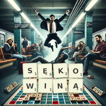 Kreatywna ilustracja do gry w Scrabble ze słowem SĘKOWINĄ ułożonym z płytek na planszy.