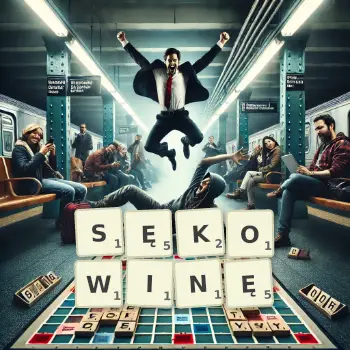 Kreatywna ilustracja do gry w Scrabble ze słowem SĘKOWINĘ ułożonym z płytek na planszy.