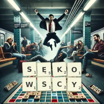 Kreatywna ilustracja do gry w Scrabble ze słowem SĘKOWSCY ułożonym z płytek na planszy.