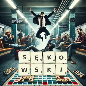 Kreatywna ilustracja do gry w Scrabble ze słowem SĘKOWSKI ułożonym z płytek na planszy.