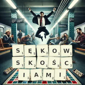 Kreatywna ilustracja do gry w Scrabble ze słowem SĘKOWSKOŚCIAMI ułożonym z płytek na planszy.