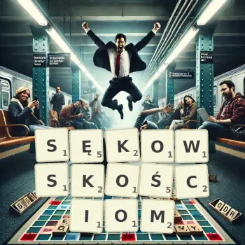 Kreatywna ilustracja do gry w Scrabble ze słowem SĘKOWSKOŚCIOM ułożonym z płytek na planszy.