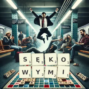 Kreatywna ilustracja do gry w Scrabble ze słowem SĘKOWYMI ułożonym z płytek na planszy.