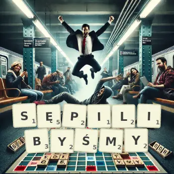 Kreatywna ilustracja do gry w Scrabble ze słowem SĘPILIBYŚMY ułożonym z płytek na planszy.