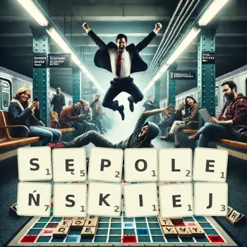 Kreatywna ilustracja do gry w Scrabble ze słowem SĘPOLEŃSKIEJ ułożonym z płytek na planszy.