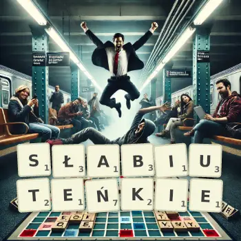 Kreatywna ilustracja do gry w Scrabble ze słowem SŁABIUTEŃKIE ułożonym z płytek na planszy.