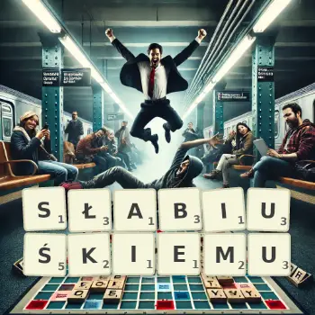 Kreatywna ilustracja do gry w Scrabble ze słowem SŁABIUŚKIEMU ułożonym z płytek na planszy.
