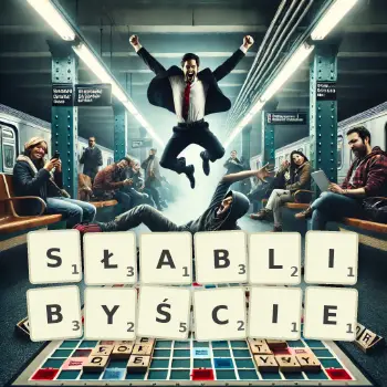 Kreatywna ilustracja do gry w Scrabble ze słowem SŁABLIBYŚCIE ułożonym z płytek na planszy.