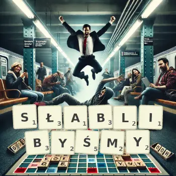 Kreatywna ilustracja do gry w Scrabble ze słowem SŁABLIBYŚMY ułożonym z płytek na planszy.
