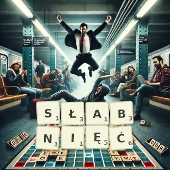 Kreatywna ilustracja do gry w Scrabble ze słowem SŁABNIĘĆ ułożonym z płytek na planszy.