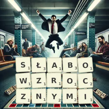 Kreatywna ilustracja do gry w Scrabble ze słowem SŁABOWZROCZNYMI ułożonym z płytek na planszy.