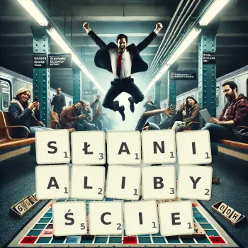 Kreatywna ilustracja do gry w Scrabble ze słowem SŁANIALIBYŚCIE ułożonym z płytek na planszy.