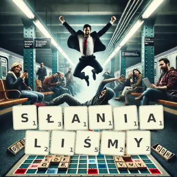 Kreatywna ilustracja do gry w Scrabble ze słowem SŁANIALIŚMY ułożonym z płytek na planszy.