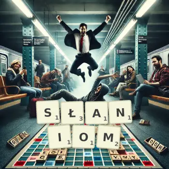 Kreatywna ilustracja do gry w Scrabble ze słowem SŁANIOM ułożonym z płytek na planszy.