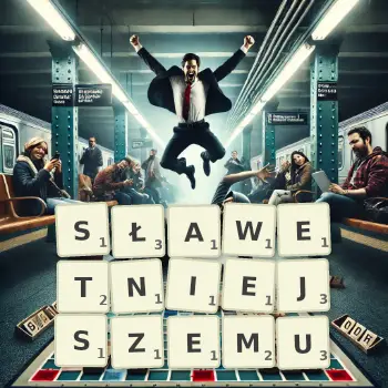 Kreatywna ilustracja do gry w Scrabble ze słowem SŁAWETNIEJSZEMU ułożonym z płytek na planszy.