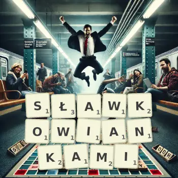 Kreatywna ilustracja do gry w Scrabble ze słowem SŁAWKOWIANKAMI ułożonym z płytek na planszy.