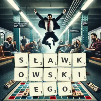 Kreatywna ilustracja do gry w Scrabble ze słowem SŁAWKOWSKIEGO ułożonym z płytek na planszy.