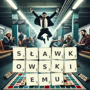 Kreatywna ilustracja do gry w Scrabble ze słowem SŁAWKOWSKIEMU ułożonym z płytek na planszy.