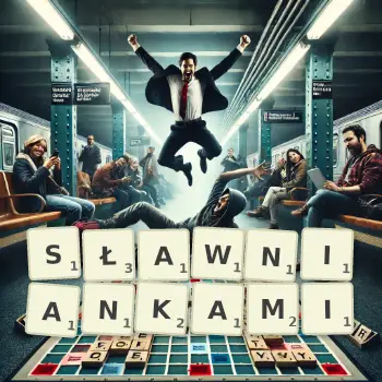 Kreatywna ilustracja do gry w Scrabble ze słowem SŁAWNIANKAMI ułożonym z płytek na planszy.