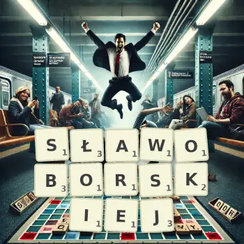 Kreatywna ilustracja do gry w Scrabble ze słowem SŁAWOBORSKIEJ ułożonym z płytek na planszy.