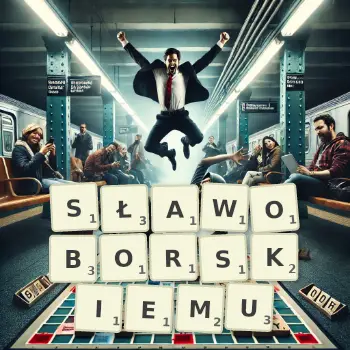 Kreatywna ilustracja do gry w Scrabble ze słowem SŁAWOBORSKIEMU ułożonym z płytek na planszy.