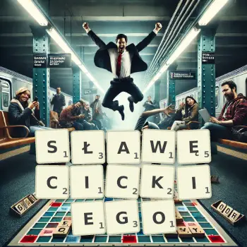 Kreatywna ilustracja do gry w Scrabble ze słowem SŁAWĘCICKIEGO ułożonym z płytek na planszy.