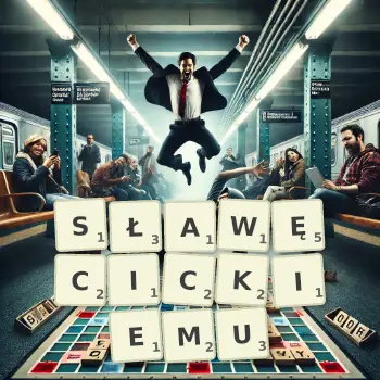 Kreatywna ilustracja do gry w Scrabble ze słowem SŁAWĘCICKIEMU ułożonym z płytek na planszy.