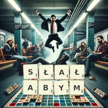 Kreatywna ilustracja do gry w Scrabble ze słowem SŁAŁABYM ułożonym z płytek na planszy.