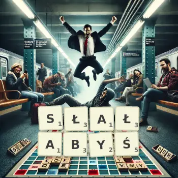 Kreatywna ilustracja do gry w Scrabble ze słowem SŁAŁABYŚ ułożonym z płytek na planszy.