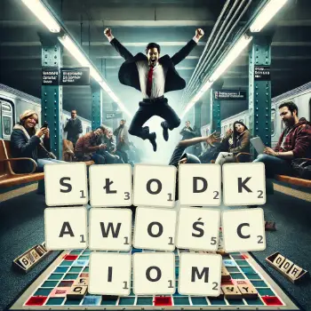 Kreatywna ilustracja do gry w Scrabble ze słowem SŁODKAWOŚCIOM ułożonym z płytek na planszy.