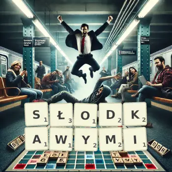 Kreatywna ilustracja do gry w Scrabble ze słowem SŁODKAWYMI ułożonym z płytek na planszy.