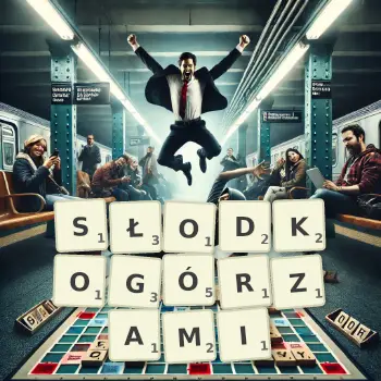 Kreatywna ilustracja do gry w Scrabble ze słowem SŁODKOGÓRZAMI ułożonym z płytek na planszy.