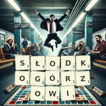 Kreatywna ilustracja do gry w Scrabble ze słowem SŁODKOGÓRZOWI ułożonym z płytek na planszy.