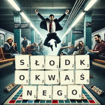 Kreatywna ilustracja do gry w Scrabble ze słowem SŁODKOKWAŚNEGO ułożonym z płytek na planszy.