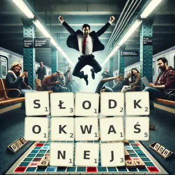 Kreatywna ilustracja do gry w Scrabble ze słowem SŁODKOKWAŚNEJ ułożonym z płytek na planszy.