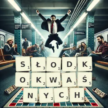 Kreatywna ilustracja do gry w Scrabble ze słowem SŁODKOKWAŚNYCH ułożonym z płytek na planszy.